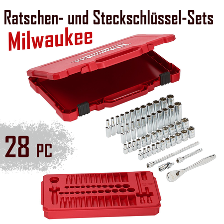 Milwaukee Nusssatz Ratchet + Socket Set 28PC 4932464943 1/4” Metrisch Rot Tasche