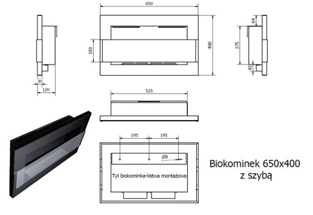 Biokominek 650x400mm szyba Inox-Nierdzewny Szczot.