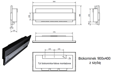 Biokominek z szybą 900x400 mm  Czarny połysk